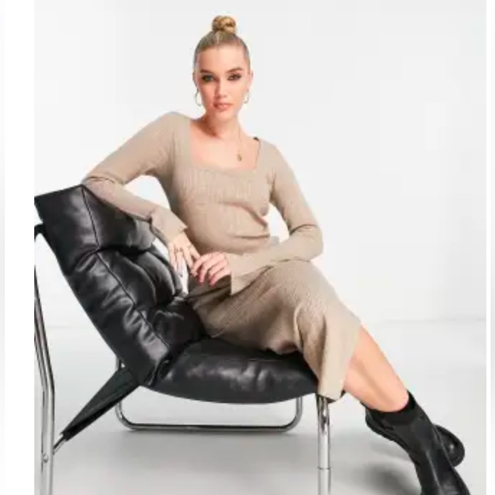 ASOS DESIGN knitted midi dress with square neck in taupe